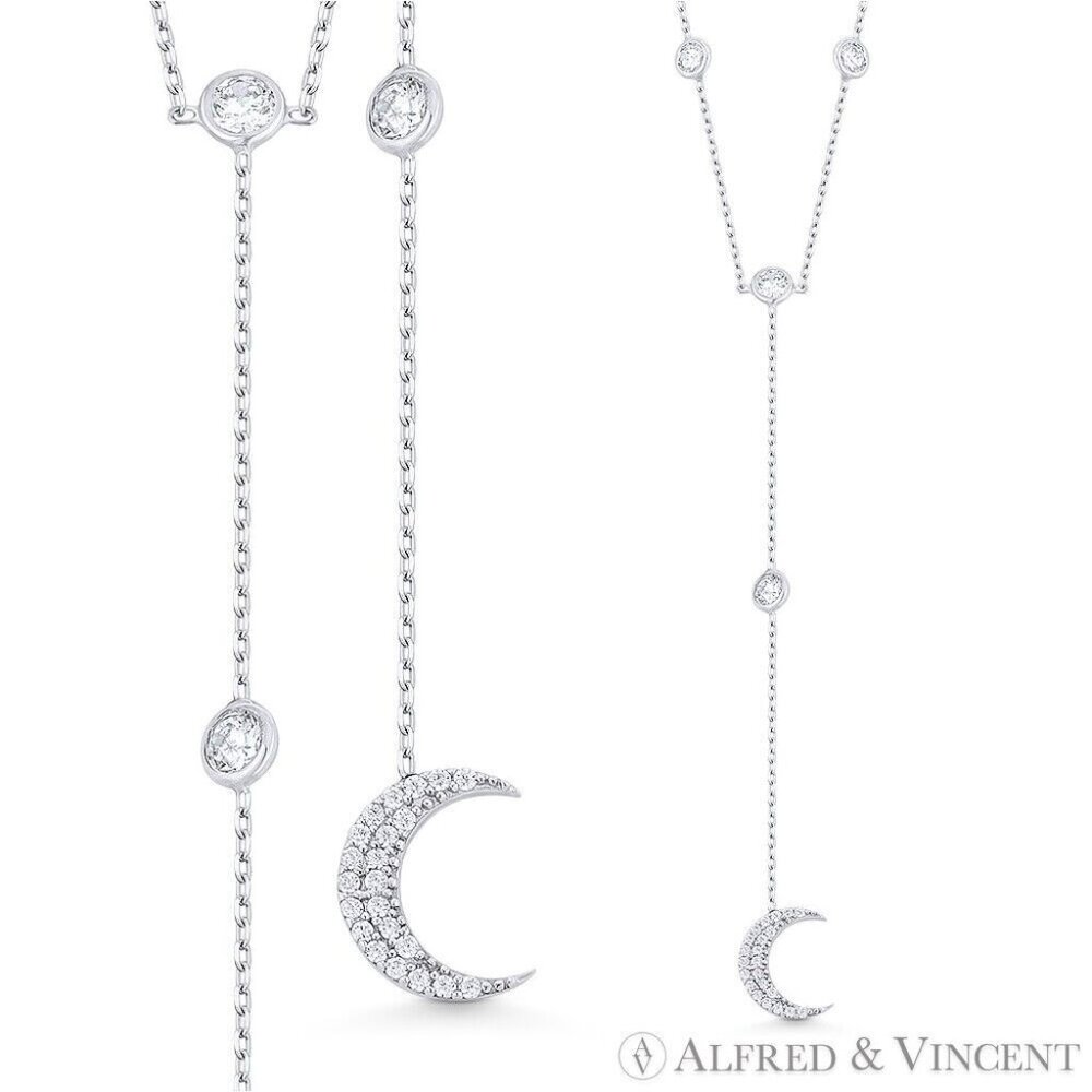 Crescent Moon & Anchor Chain CZ Crystal Bezel Y-Necklace in .925 Sterling Silver